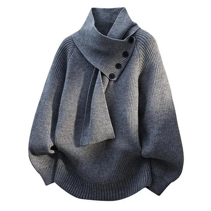 Women's grey scarf-neck jumper with draped cowl collar