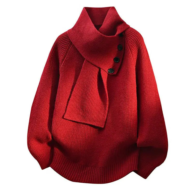 Women's red scarf-neck jumper with draped cowl collar