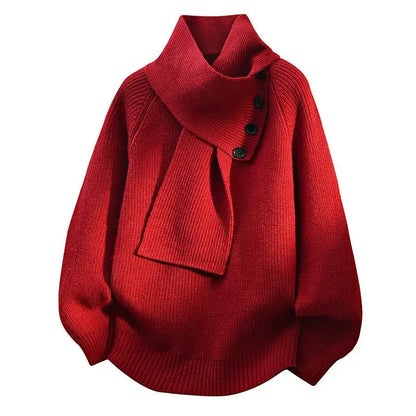 Women's red scarf-neck jumper with draped cowl collar