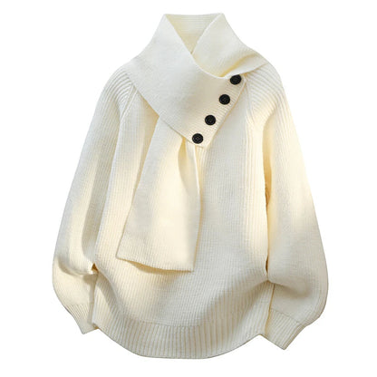 Women's white scarf-neck jumper with draped cowl collar
