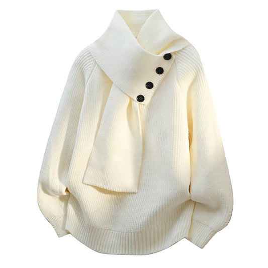 Women's white scarf-neck jumper with draped cowl collar