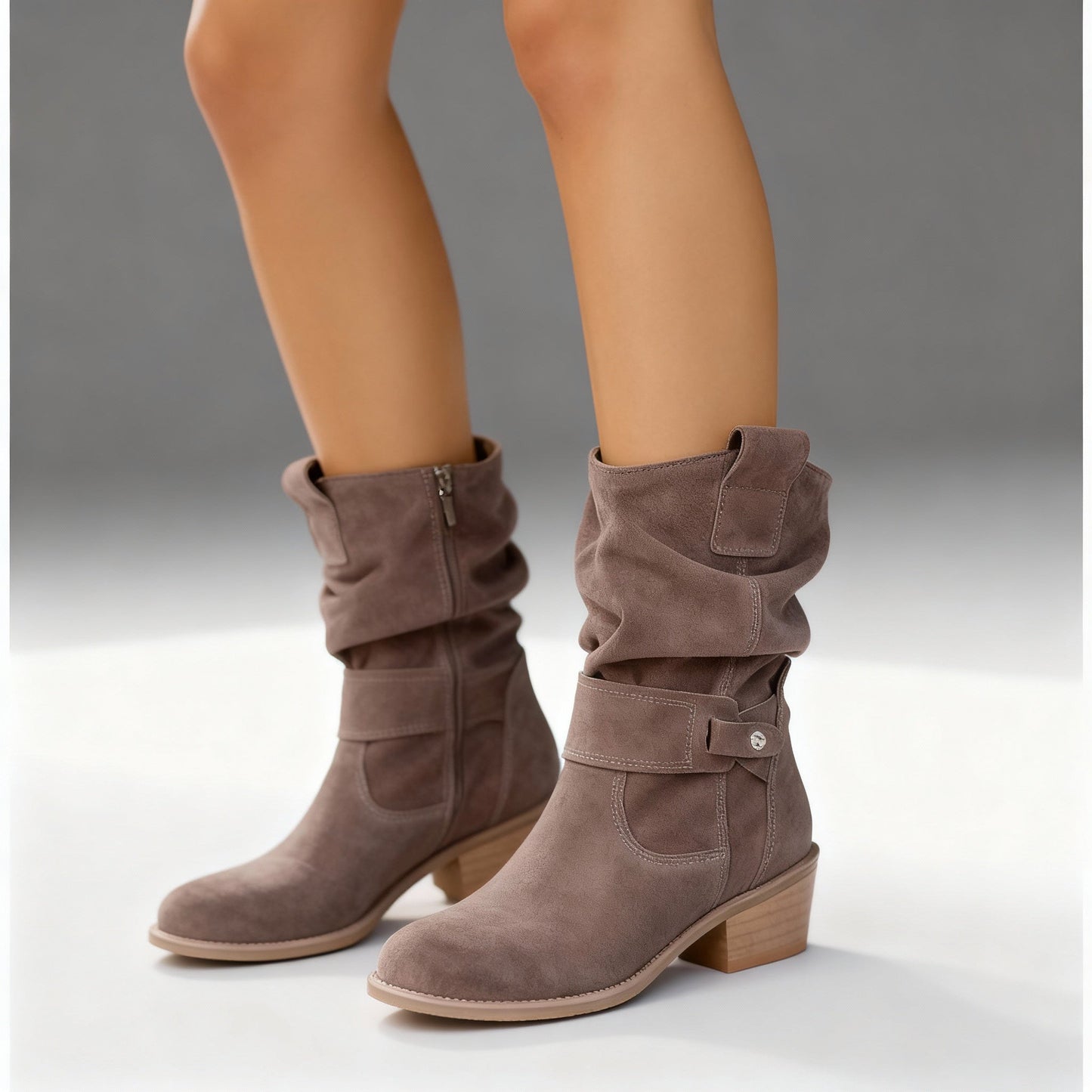 Women's slouch mid-calf boots in Alabaster Beige with low block heel