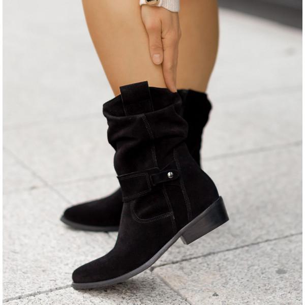 Women's slouch mid-calf boots in Manhattan Black with low block heel