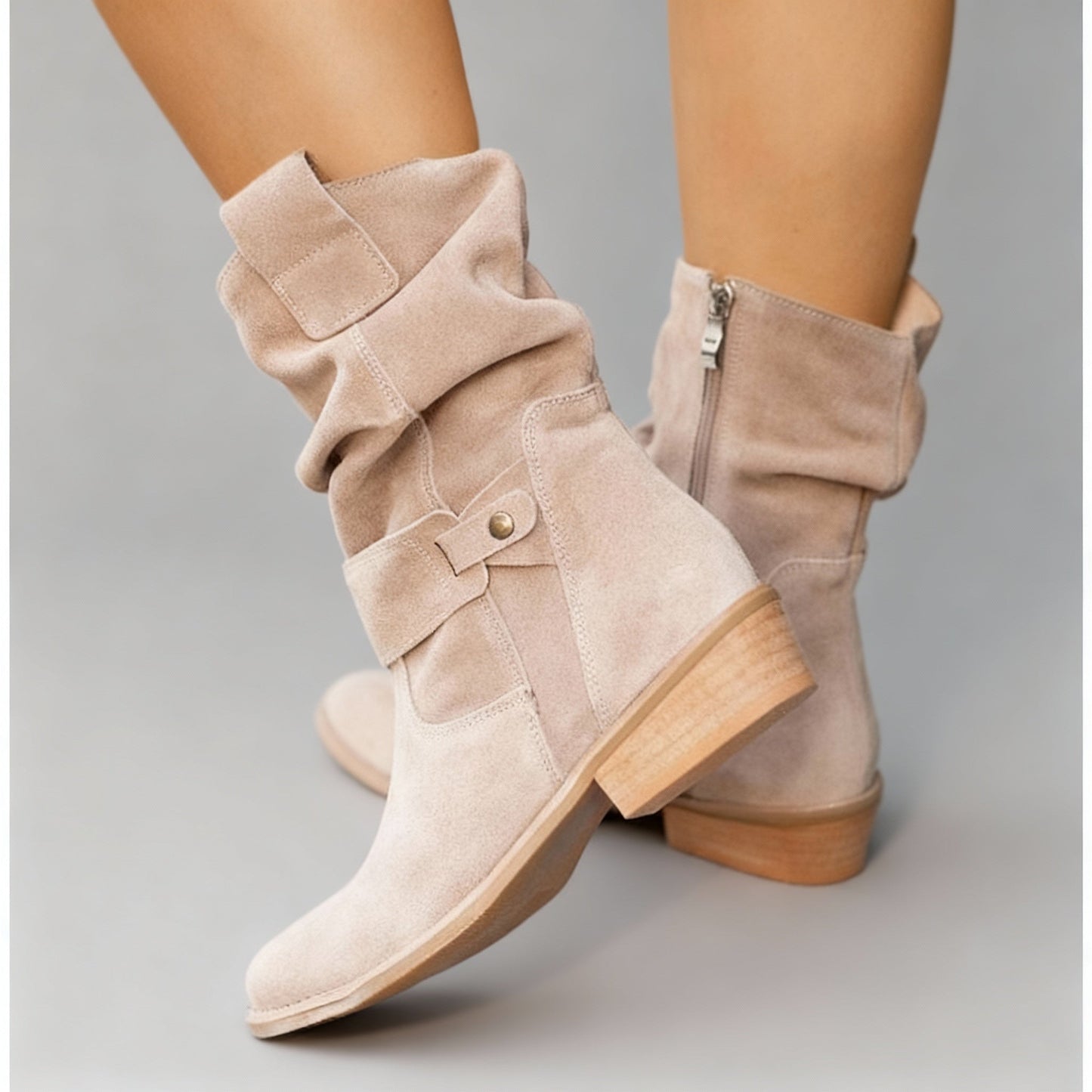 Women's slouch mid-calf boots in Suede Beige with low block heel