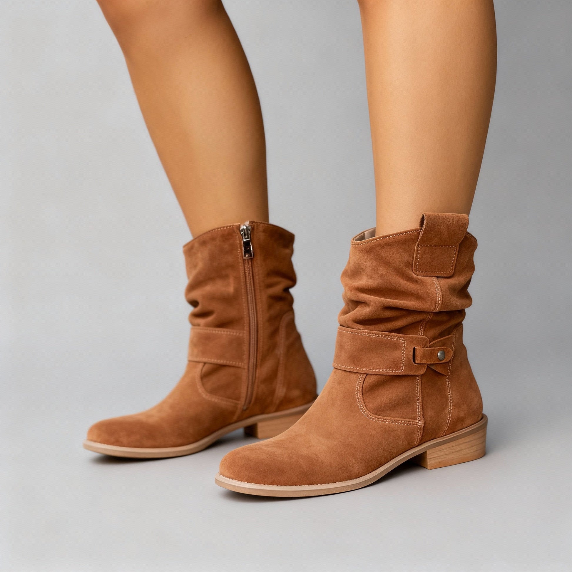 Women's slouch mid-calf boots in Texan Brown with low block heel