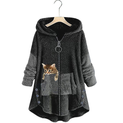 Women's teddy fleece hooded coat in Dark Grey